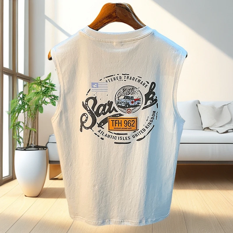 夏季休闲运动汗衫体恤男潮流印花无袖T恤重磅坎肩宽松美式背心男