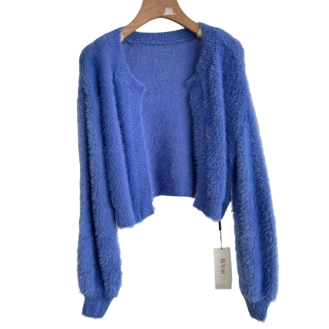 185蓝色针织开衫女秋冬新款韩系温柔风短款毛绒毛衣外套