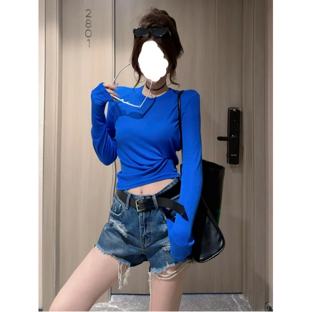 【绮梦】小圆领短款防晒T（无垫肩）长袖打底显瘦辣妹韩版夏季百搭ins