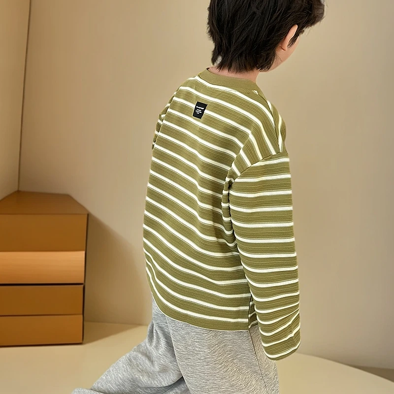 春秋男童重磅长袖T恤2025童装儿童洋气条纹中大童打底衫|24ca42