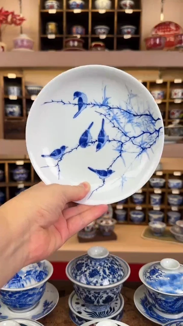 素锦山房手绘青花枯枝鸟壶承