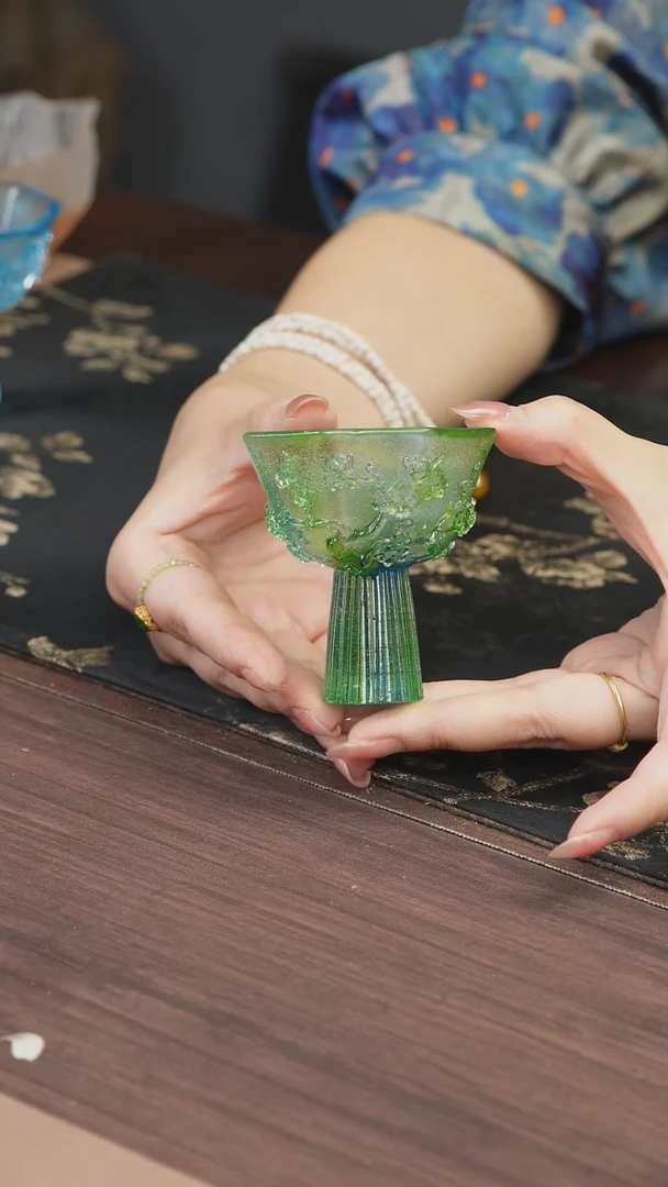 手工艺品琉璃蓝绿色梅花高足茶盏