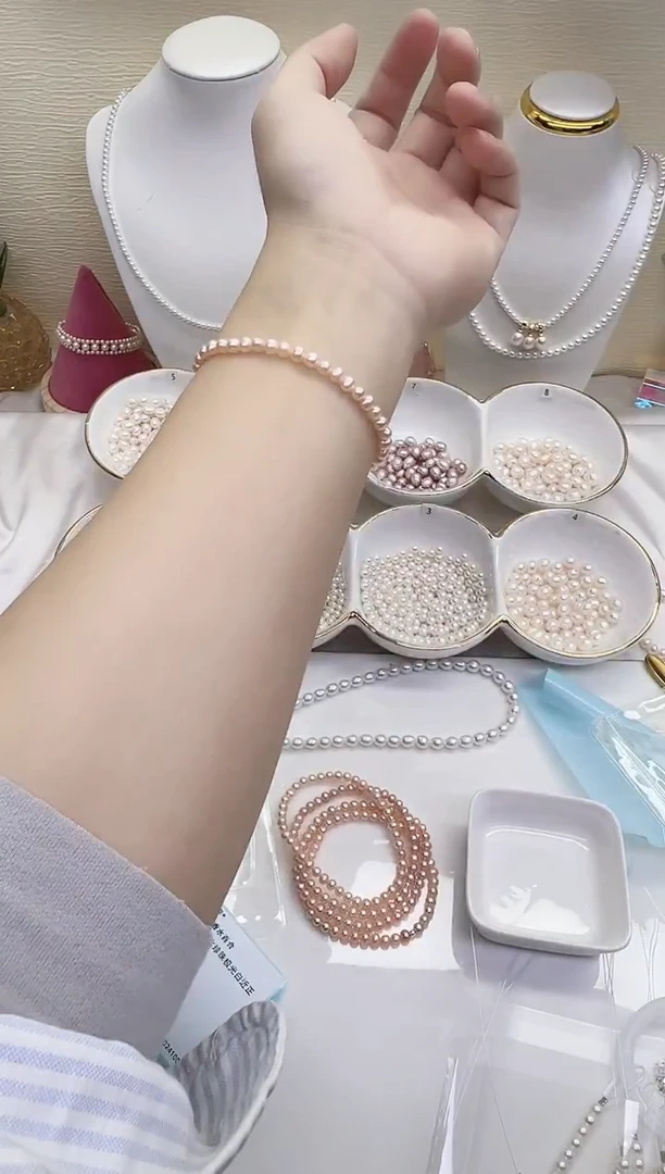 银S925镶嵌手链淡水珍珠粉色近圆4mm