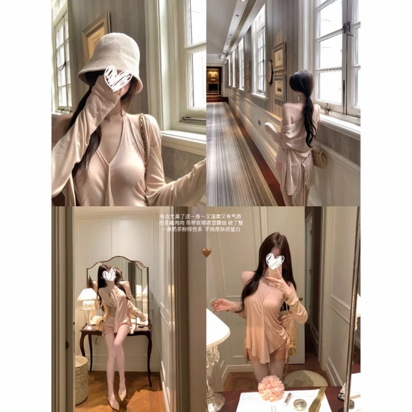 干枯玫瑰慵懒风oni针织开衫荡领设计感上衣女休闲短裤三件套