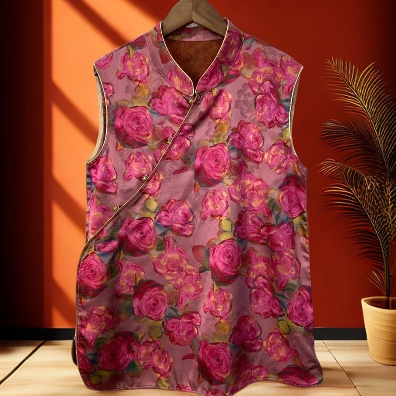 新中式夏季民族风夏季印花法式立领唐装无袖提花上衣新款时尚复古