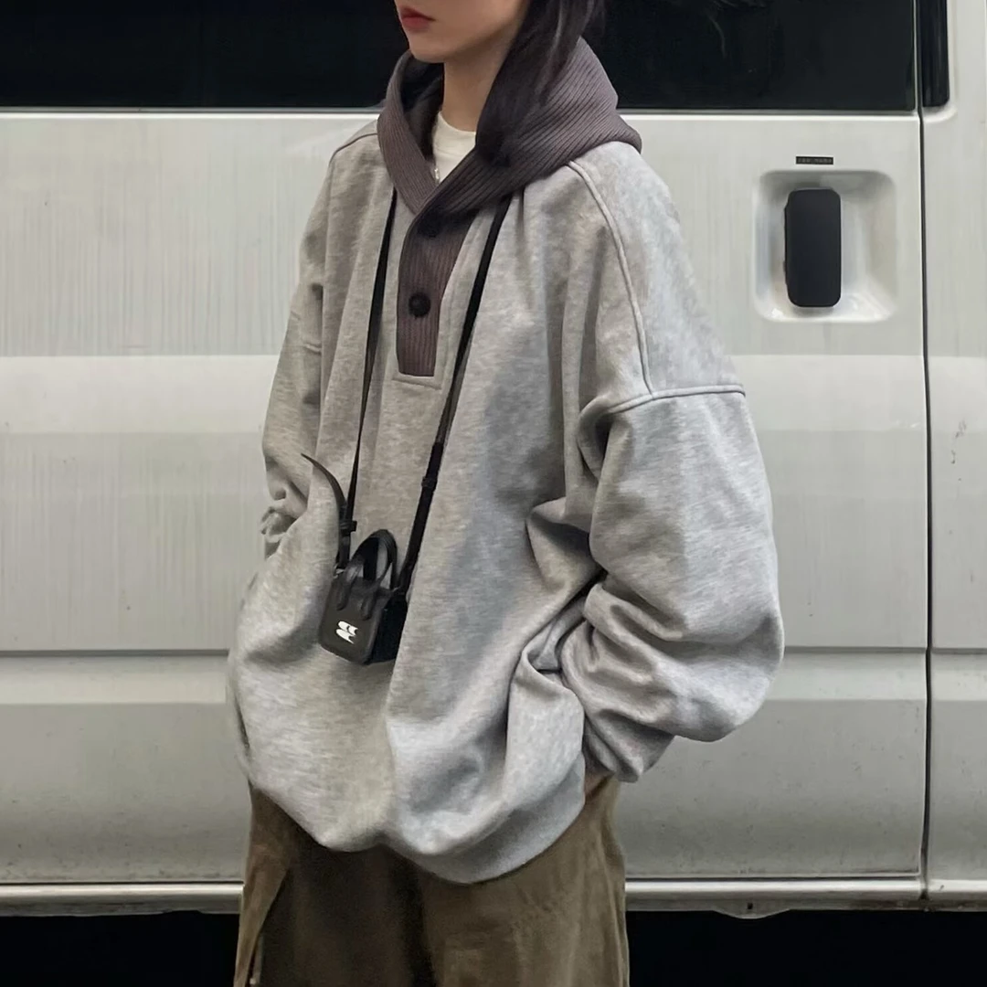 春秋毛线拼接廓形连帽卫衣男女学院风宽松休闲小众设计感外套潮流