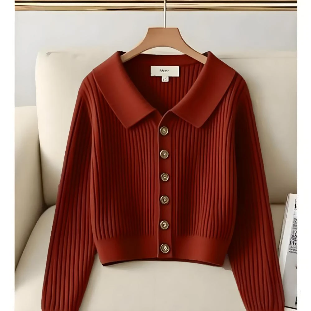 高端轻奢针织毛衣女2025秋季新款翻领慵懒风时尚上衣外套通勤穿搭