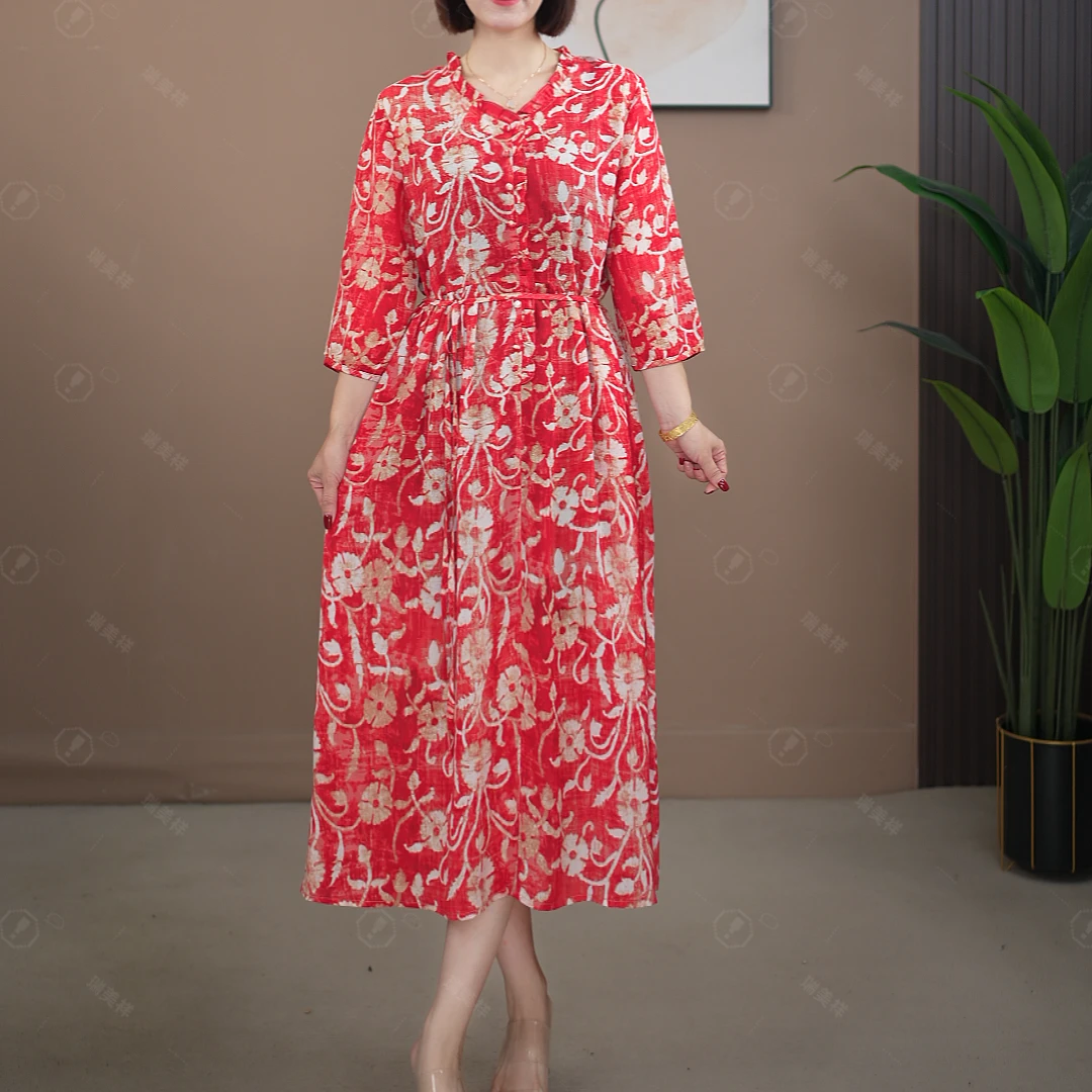 【灼华】深圳南油高货双邹丝缎洋气度假风中长袖连衣裙A123