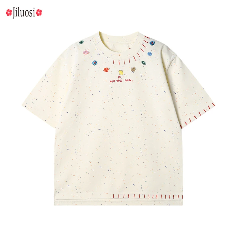 【80-240斤】轻奢高端夏季高定版满天星鹅黄色重磅刺绣美式男T100棉