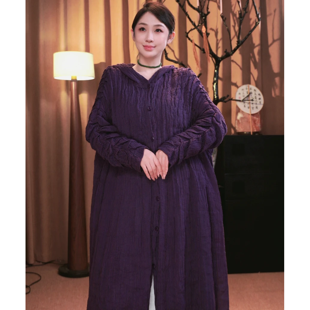 壹木亚麻高温压褶工艺宽松双层戴帽风衣外套