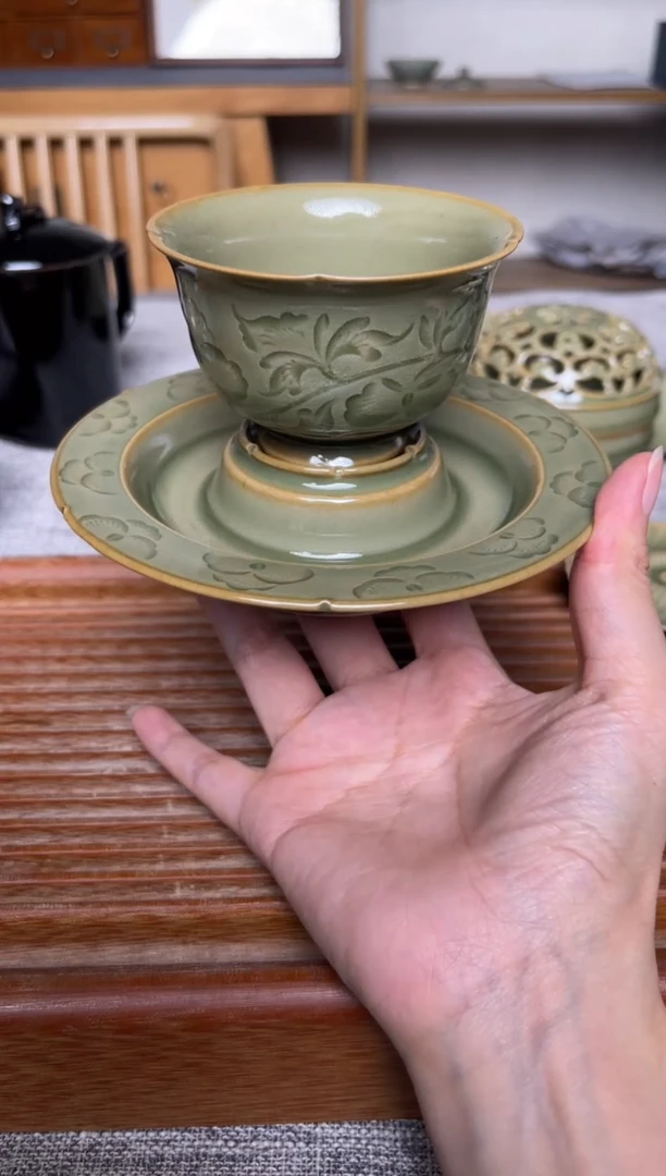 其他仰山 纯手工橄榄绿牡丹纹盏托套装