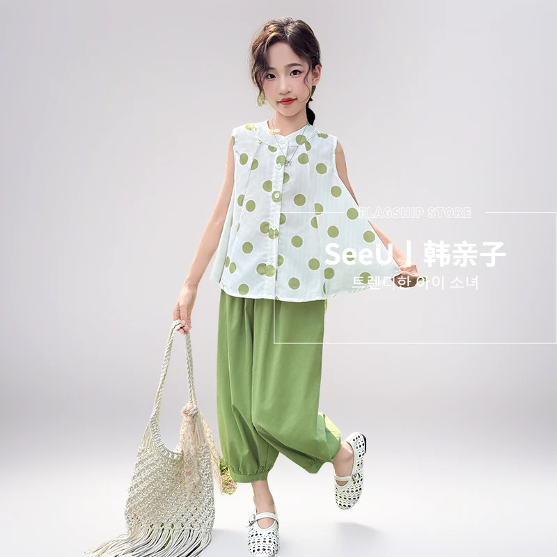 女童夏装防蚊裤套装2025新款儿童韩版薄款圆点夏季无袖青苹果绿色