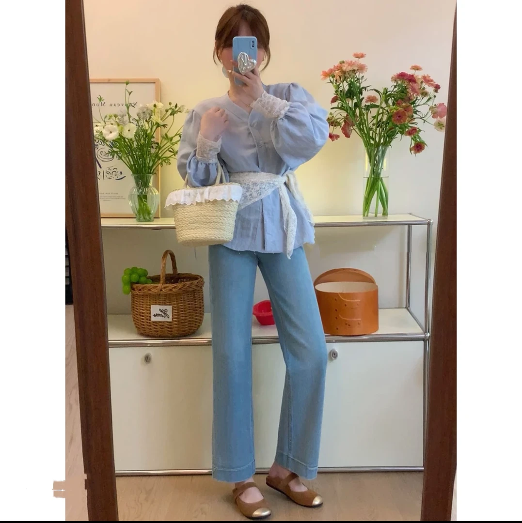 欧若拉风时尚高腰弹力直筒牛仔裤女显瘦小个子奶奶裤