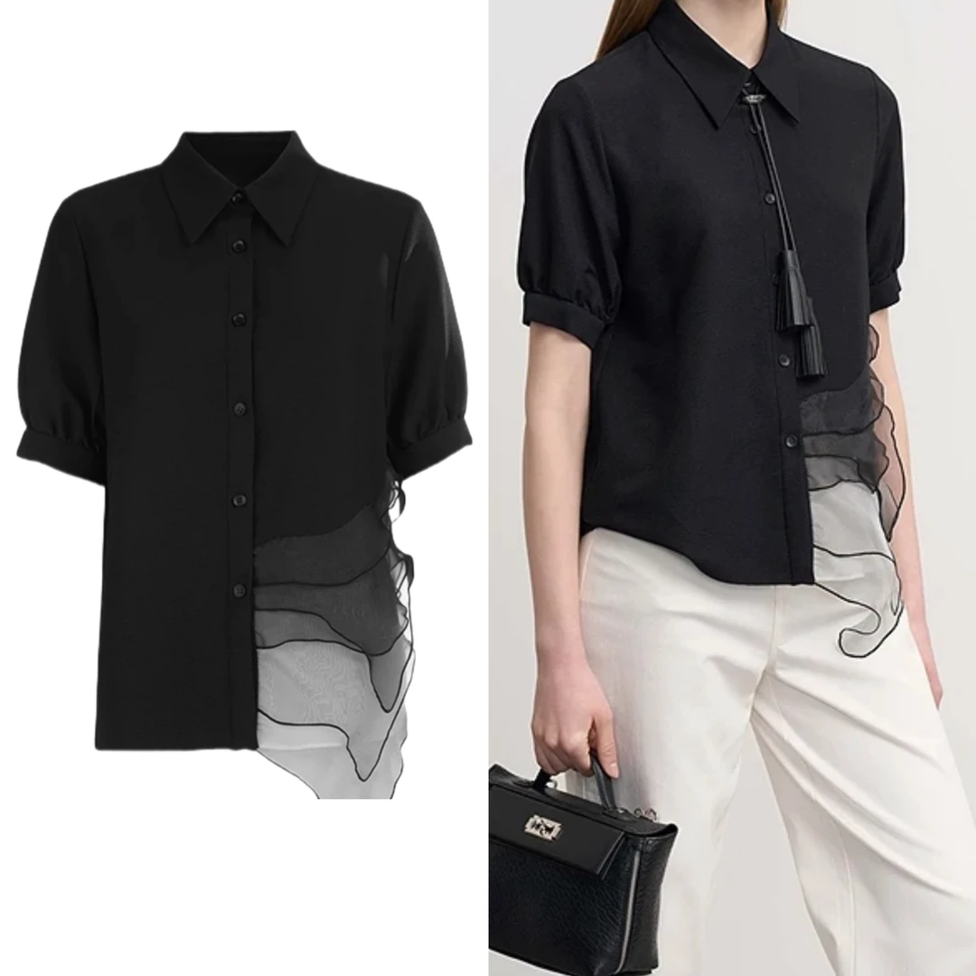 2025夏季女士黑色衬衫短袖纯色气质翻领不规则显瘦新中式衬衣上衣