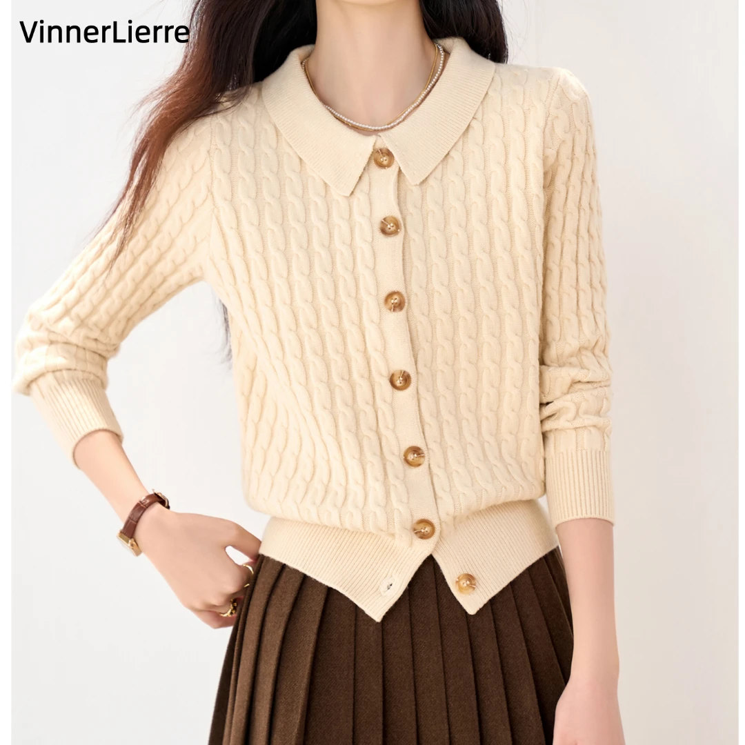 薇妮诺针织衫长袖娃娃领开衫秋冬短款小众枣红色宽松翻领毛衣