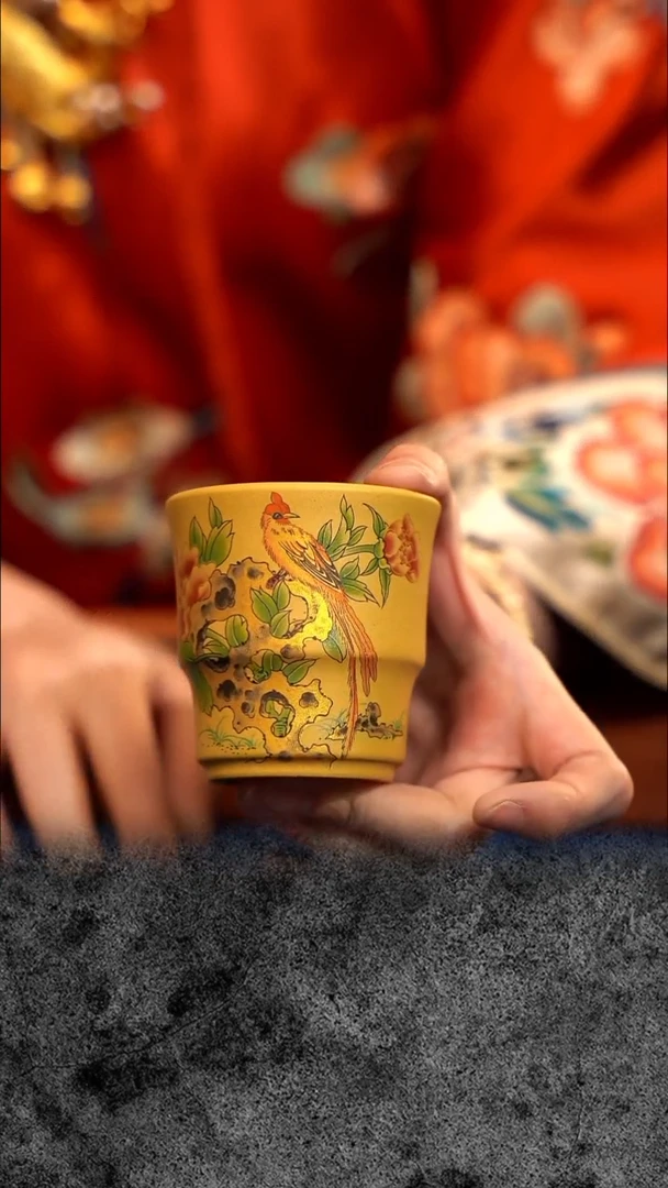 宜兴紫砂 紫砂茶壶    黄段雀鸟杯