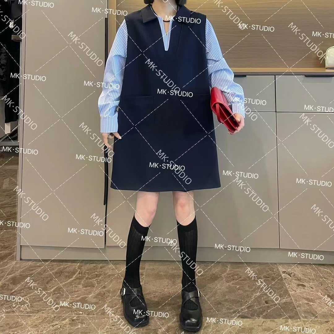 米可/MK-1698LL【假两件拼接条纹西装裙】时尚休闲春季新款西装裙