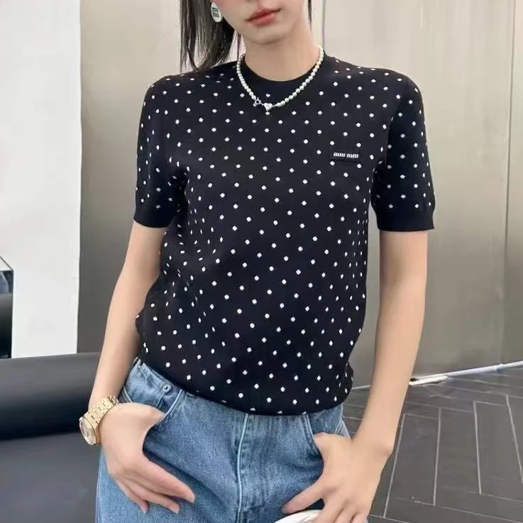 99新 MIU MIU/缪缪 38码黑色波点圆领短袖上衣