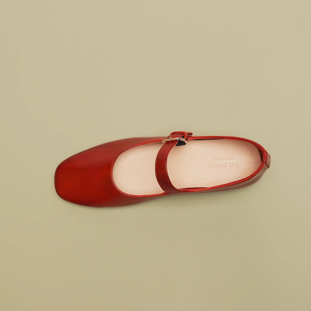 高档舒适新款水染马皮方头小众法式复古矮跟一字带玛丽珍单鞋女潮