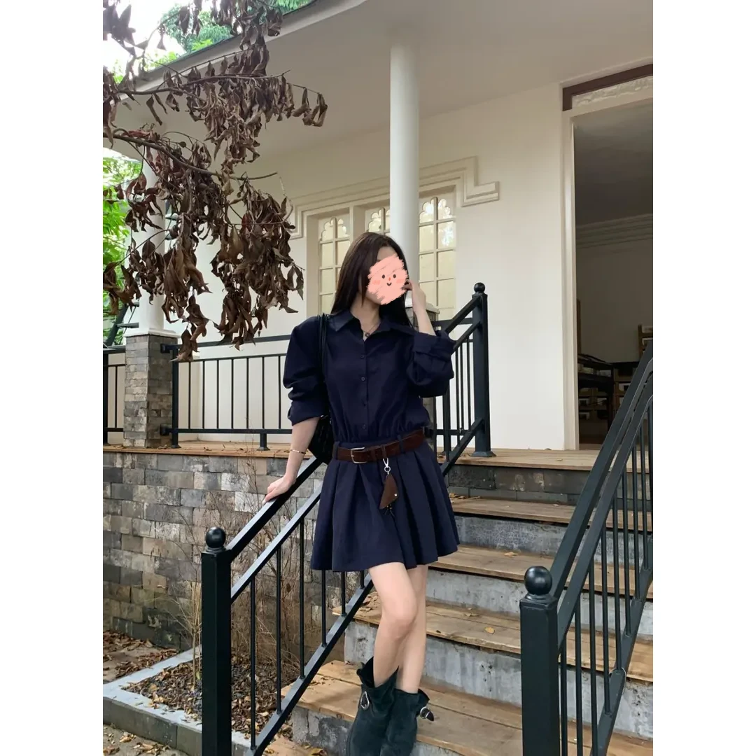韩系秋季新款百搭气质时尚显瘦设计感连衣裙子女装高腰衬衫短裙潮