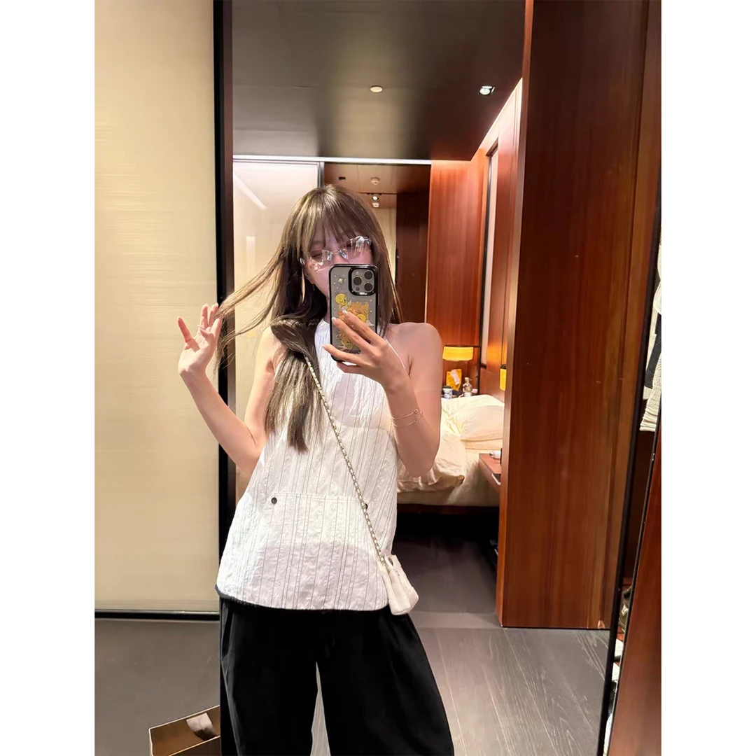 撞色花边肌理感条纹挂脖+褶系带气球裤Z 8994#