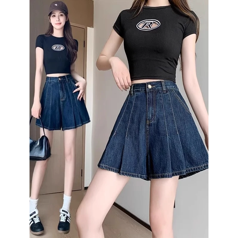 夏季遮肚百褶牛仔短裤显瘦阔腿五分裤大码辣妹百搭A字小个子高腰