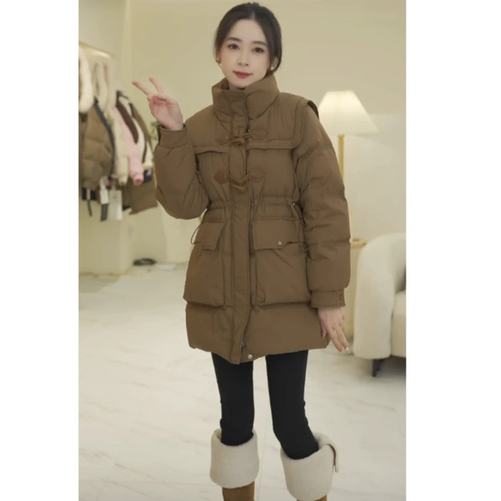 2024美拉德秋冬新款海军领牛角扣抽绳收腰中长款羽绒服女装0801