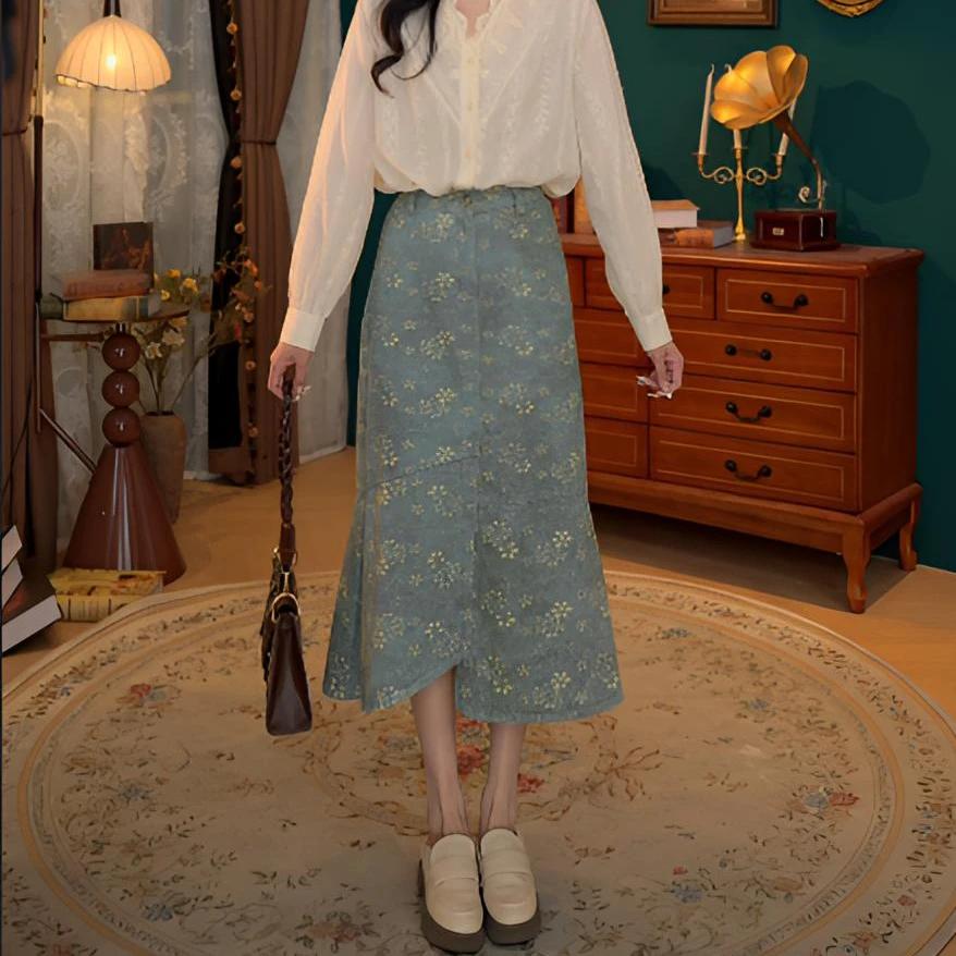沐瑶【杏花雨落】港风复古半身裙显瘦高腰百搭裙子女WW2023241