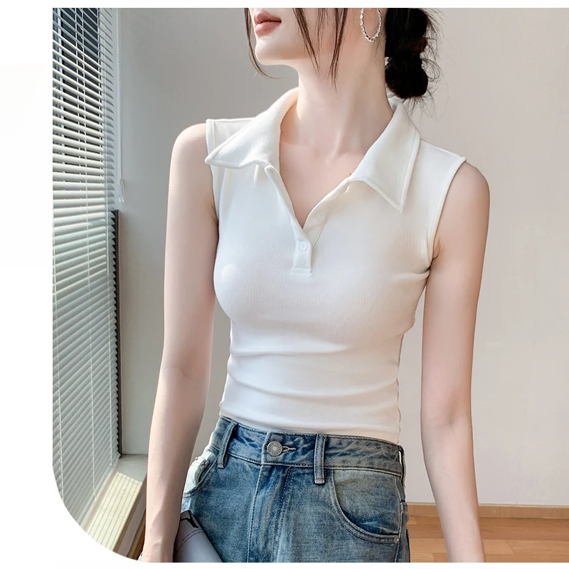 POLO领背心女法式2025夏季新款白色内搭打底衫独特修身无袖上衣女
