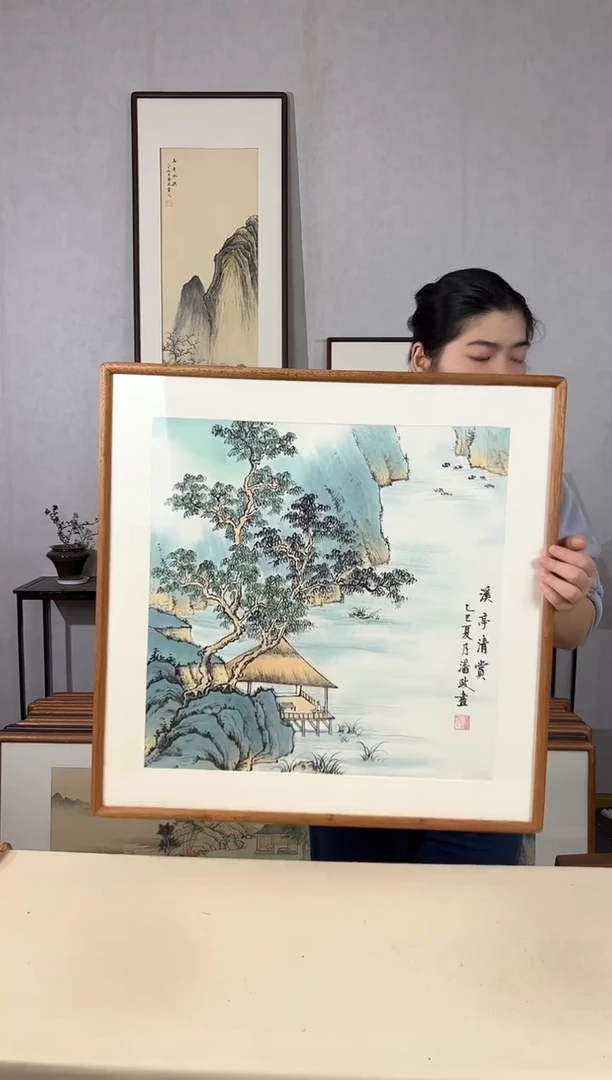 国画手绘*溪亭清赏*62*62cm实木框