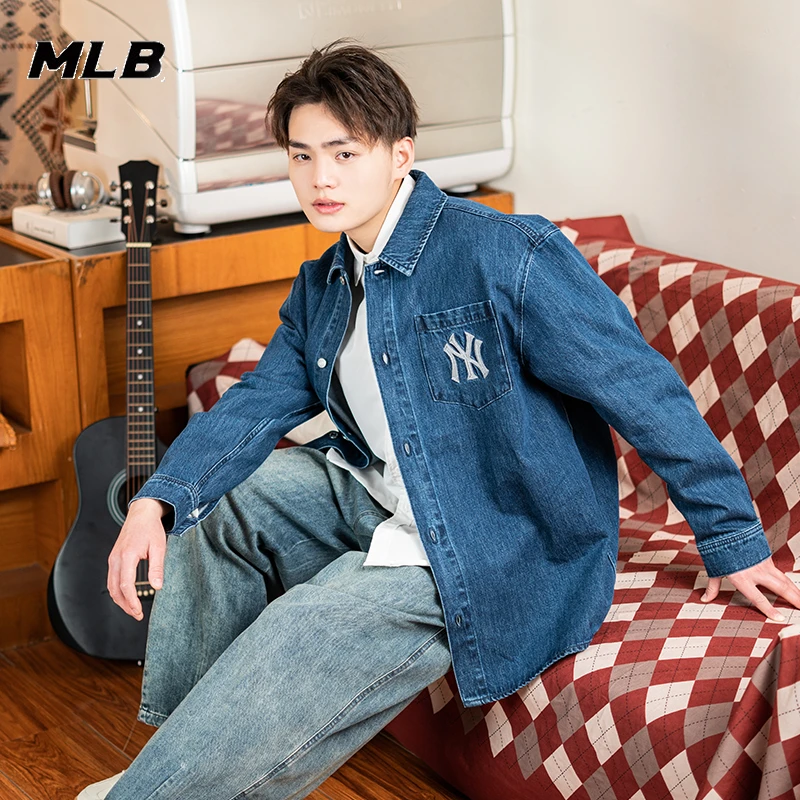 MLB长袖衬衫男装女装新款蓝色休闲服运动服潮流时尚外套3ADRB0641