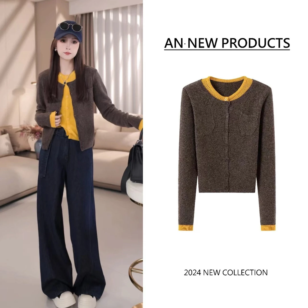 【涵胖胖】清秋冬拼接假两件针织开衫复古撞色内搭毛衣69276【B】