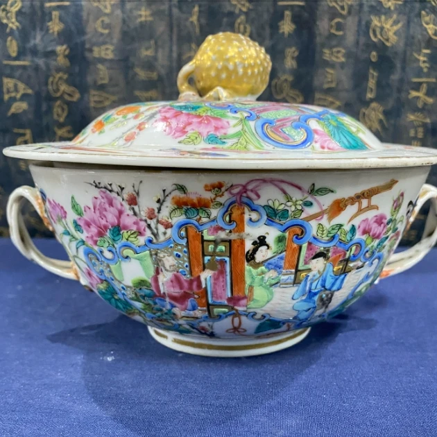 清 咸丰  粉彩人物双耳盖碗XX-0127