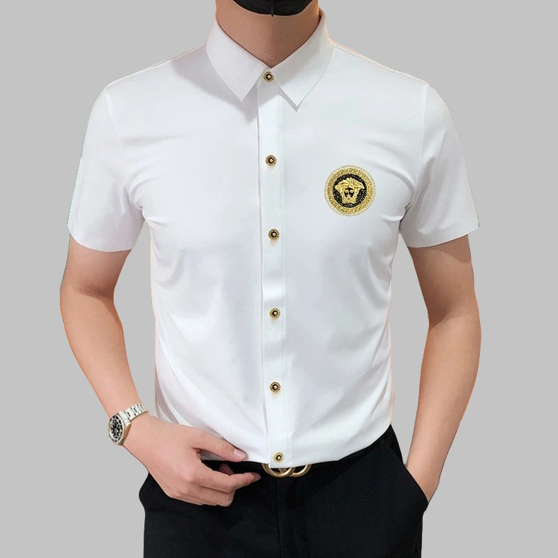短袖男士衬衫夏季高级感帅气轻奢免烫抗皱刺绣商务休闲百搭衬衣男