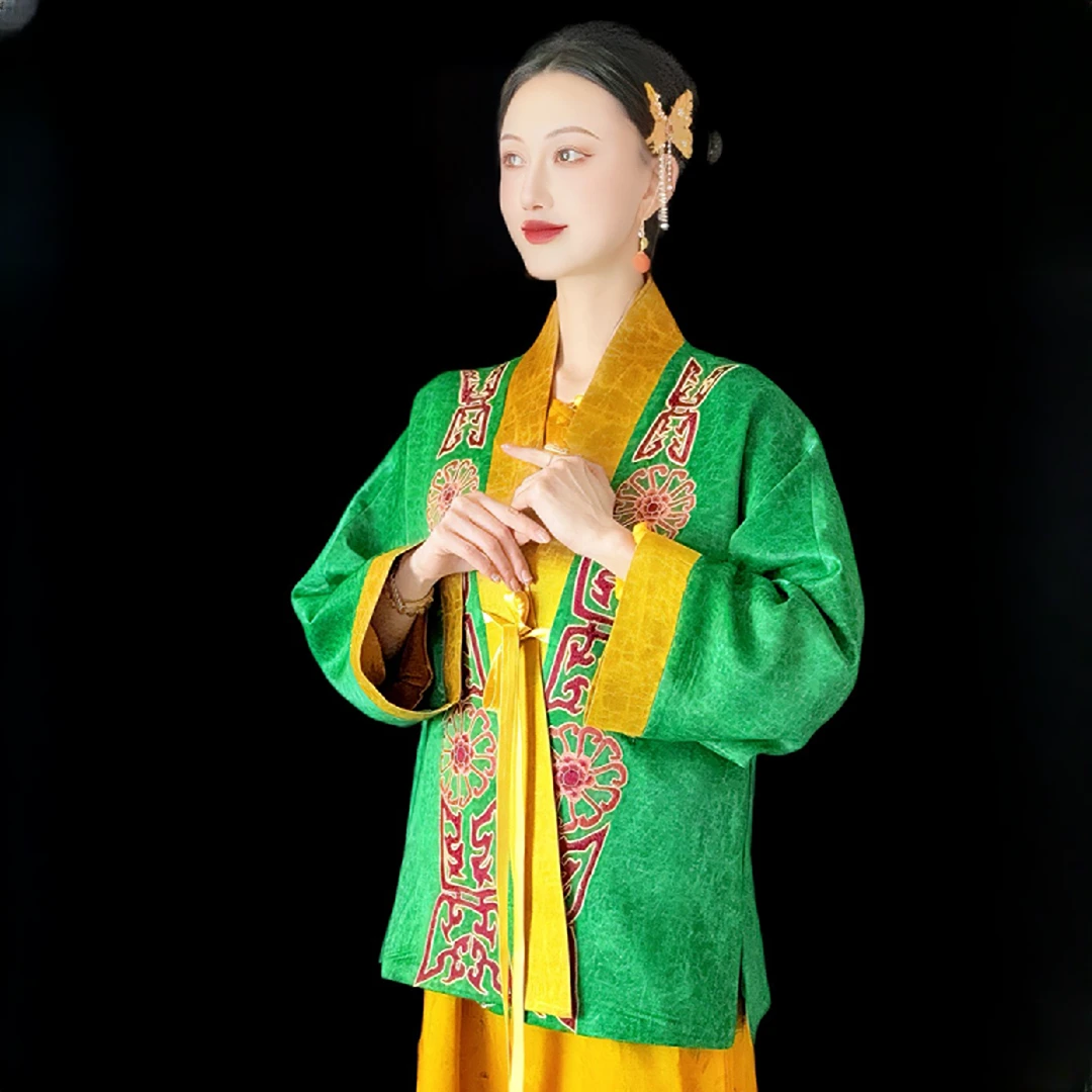 原创设计老绣手工刺绣绿龟对开汉服