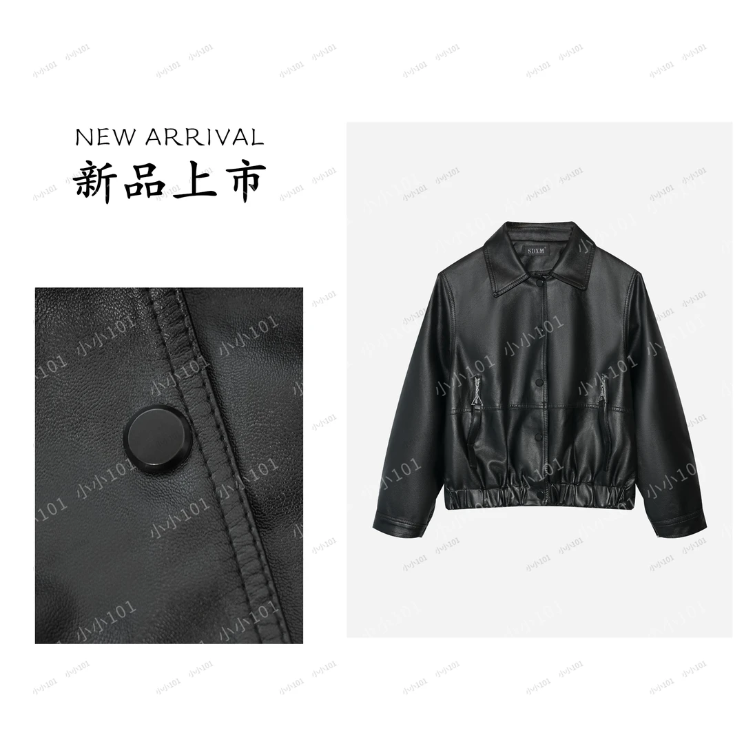 春秋季新款口袋侧拉链黑色短款翻领女装时尚休闲