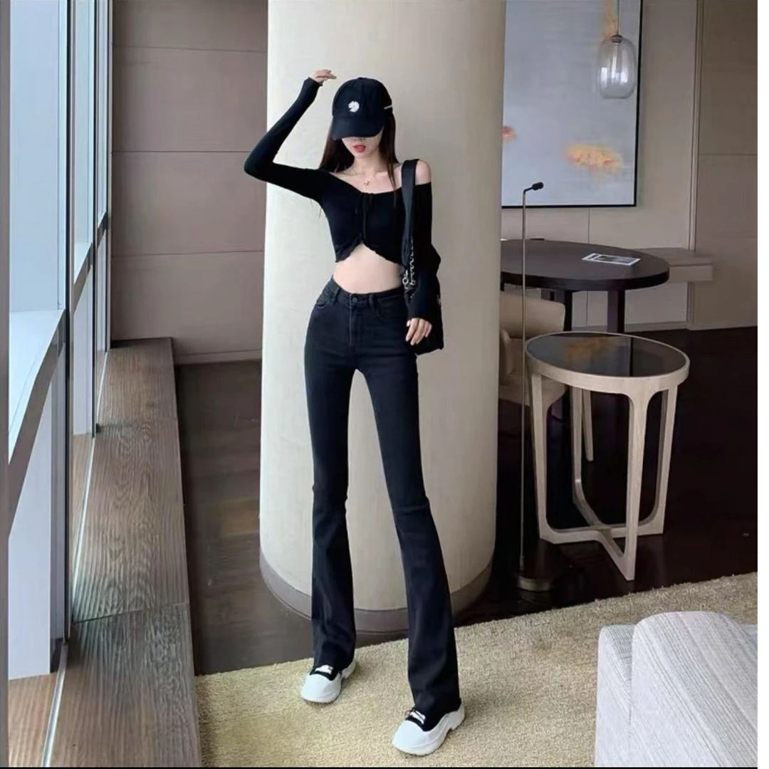 8802-AQ黑色高腰弹力喇叭裤