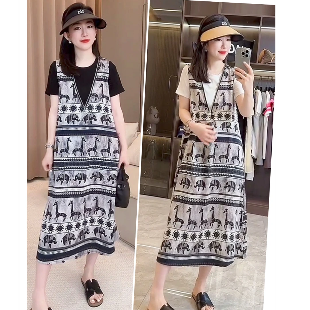 欧韩时尚拼接两件套连衣裙上衣小象印花学院高档网红裙外穿设计减