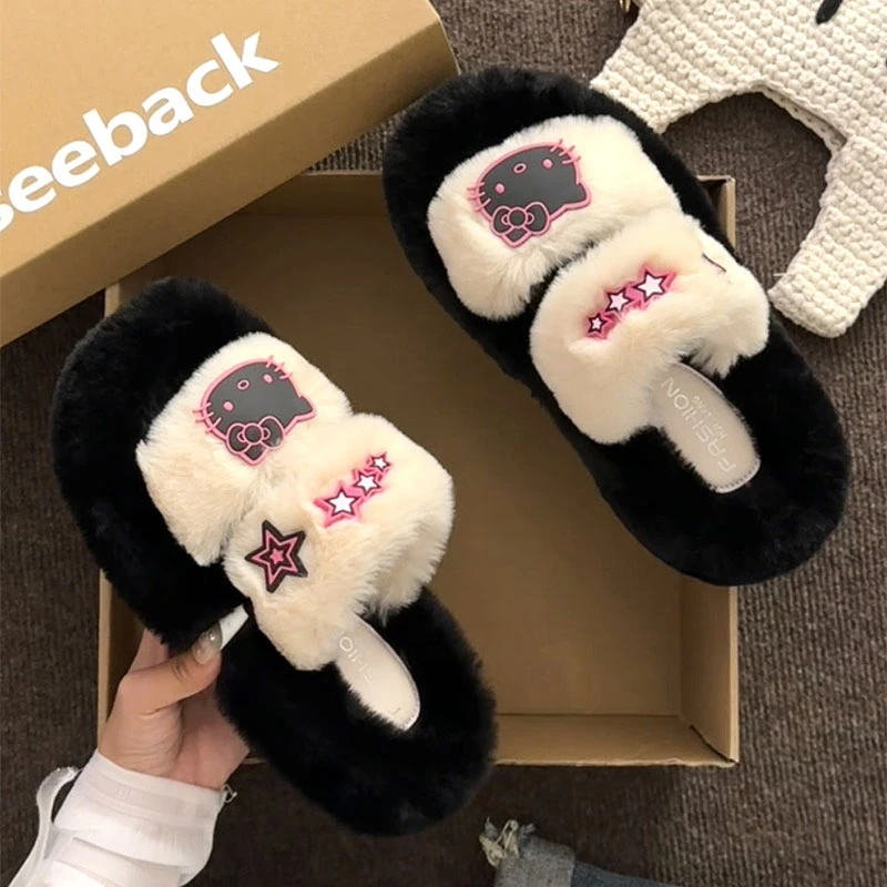 网红毛绒外穿可爱百搭凯蒂猫毛毛拖鞋女2025新款厚底设计感家居棉