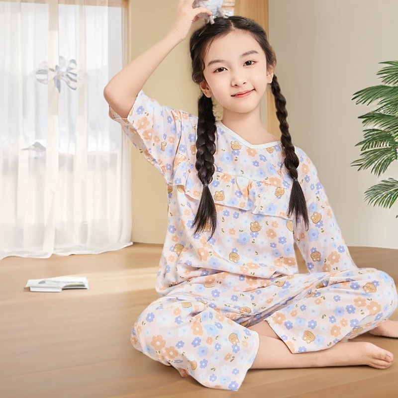 绵绸女童夏季童装儿童女士睡衣家居服套装中大童女孩棉绸睡衣薄款