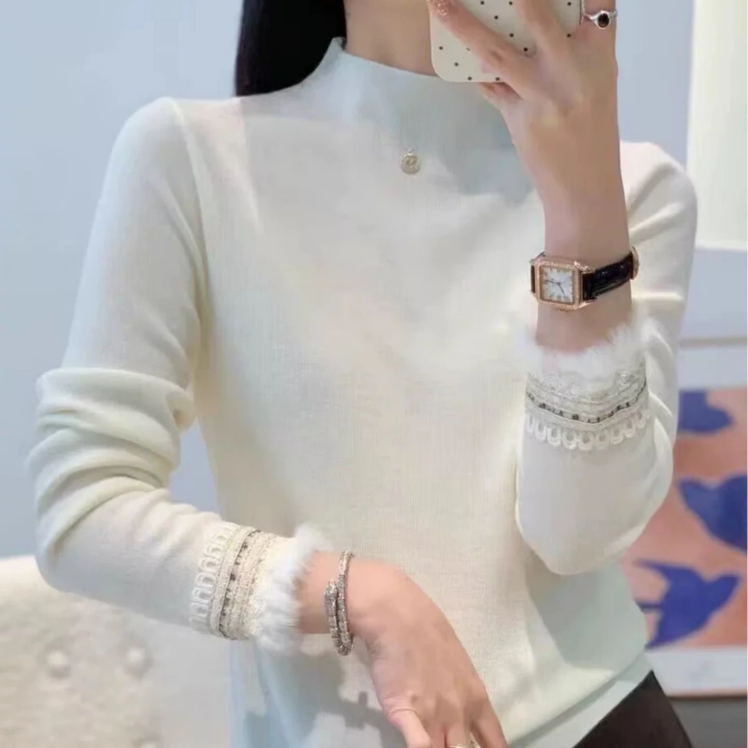 2025新款半高领针织衫女蕾丝拼接袖口显瘦百搭高级感套头打底衫潮