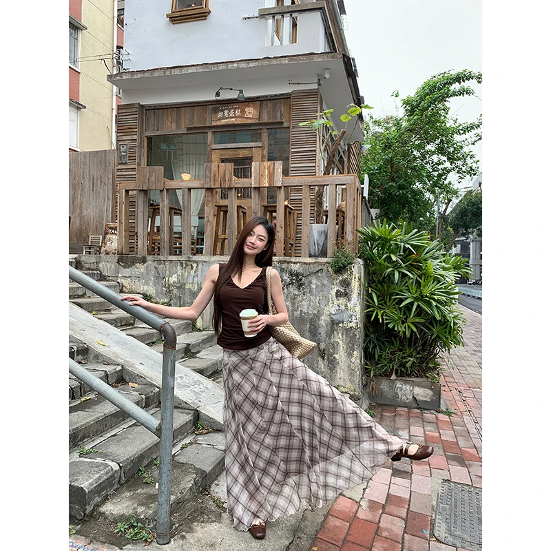 【长岛冰茶半身裙】春夏法式复古格子不规则度假风半身裙252V1307