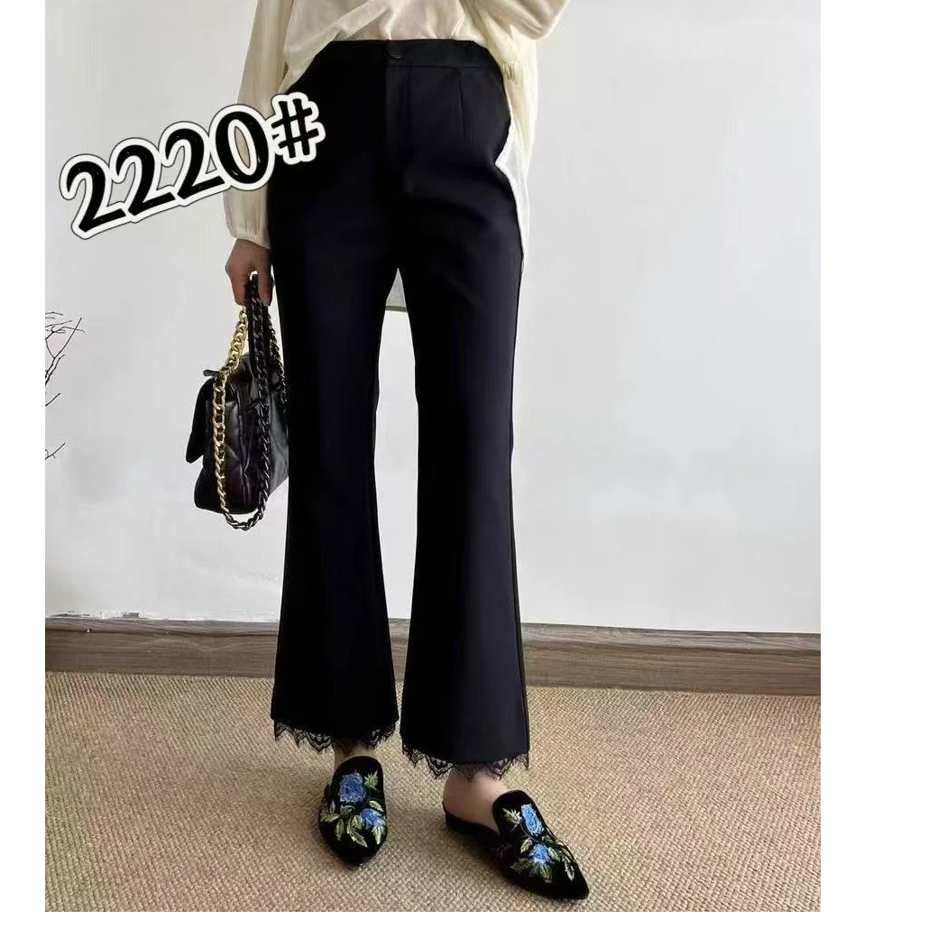 LZ2220蕾丝拼接休闲裤高腰休闲外穿喇叭阔腿女士小黑裤