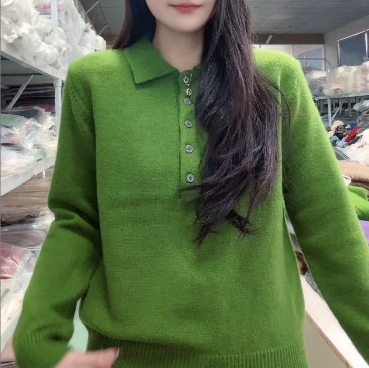 【果绿色】显白polo领套头宽松软糯毛衣女2025秋季新款慵懒风