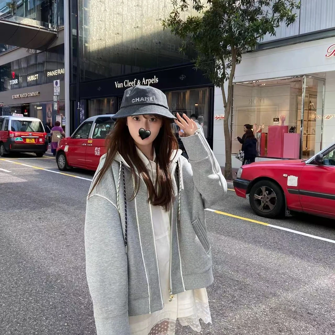 【巴黎画廊】女装常规春季加厚拉链连帽宽松休闲卫衣外套