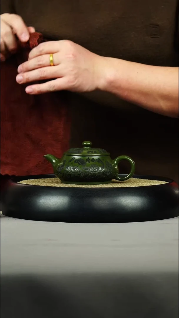 茶壶紫砂绿泥 明炉 刻绘 河趣