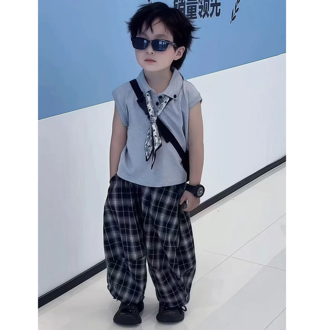 新款夏季男女童套装老钱风儿童翻领无袖背心休闲超薄防蚊裤两件套