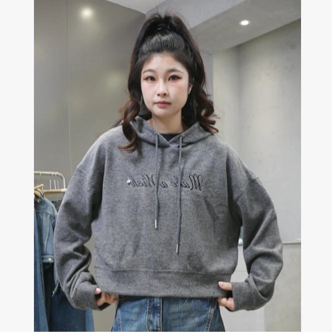 6676-灰【N5专享】毛绒绒秋款休闲宽松长袖百搭连帽卫衣