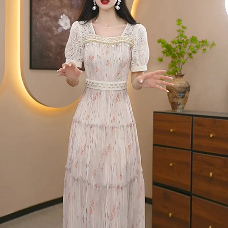 2025夏季新款时尚百搭优雅气质收腰显瘦休闲减龄洋气中长款连衣裙