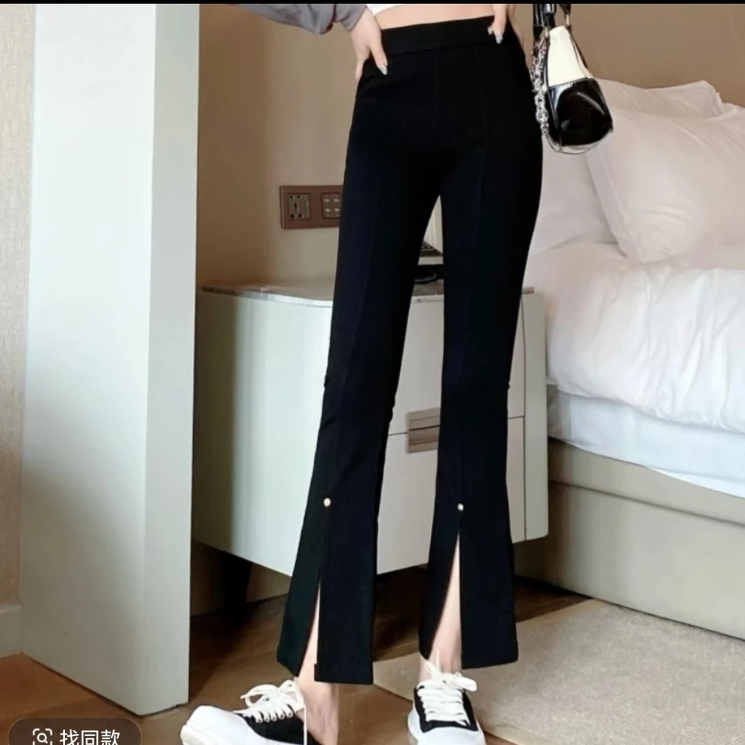 中线黑色显瘦微喇叭开叉小黑裤